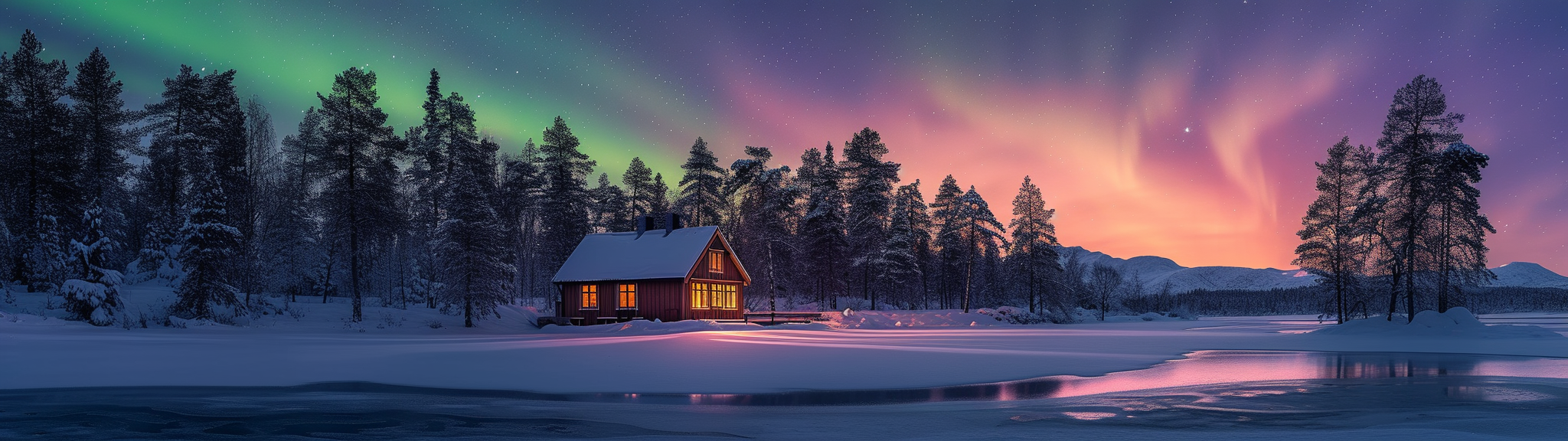 Northern Lights dancing over snow-covered Scandinavian landscape