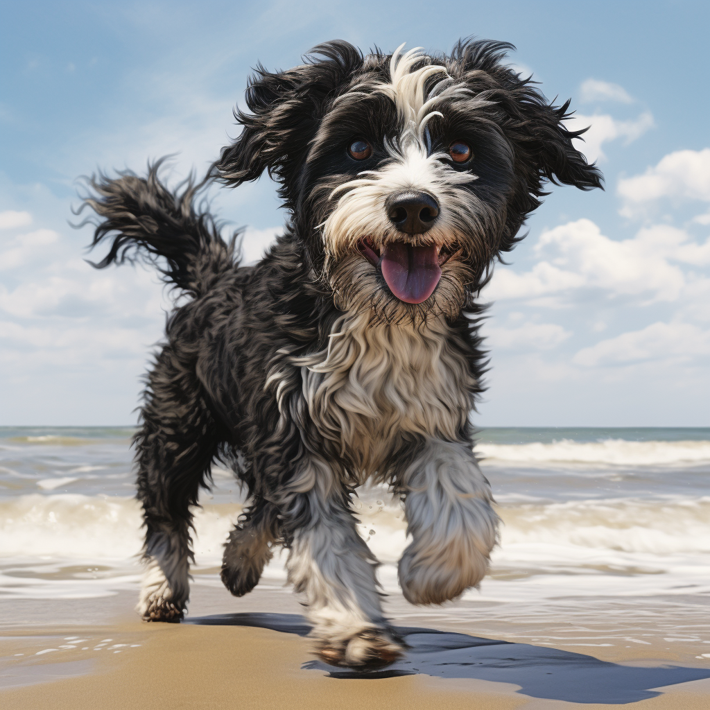 Playful Aussie-Poodle Mix on the Beach