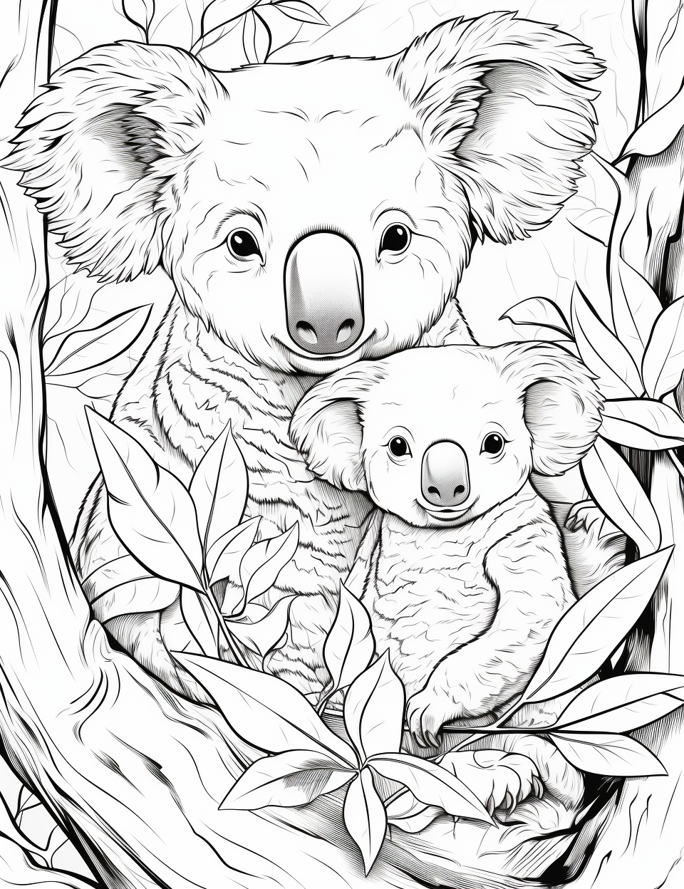 Adult koala with baby in eucalyptus tree