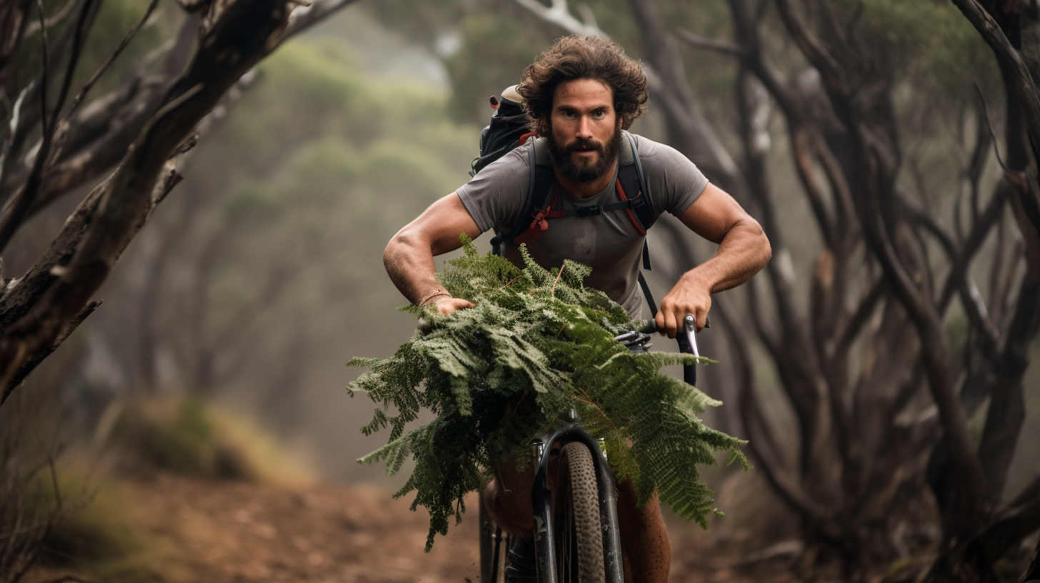 Athlete carrying bike in Australian bush