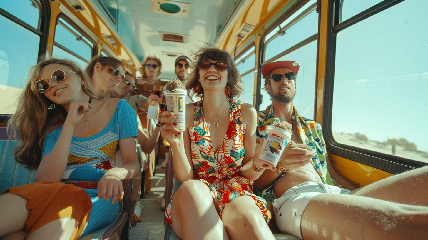 Diverse people holding dirt in bus