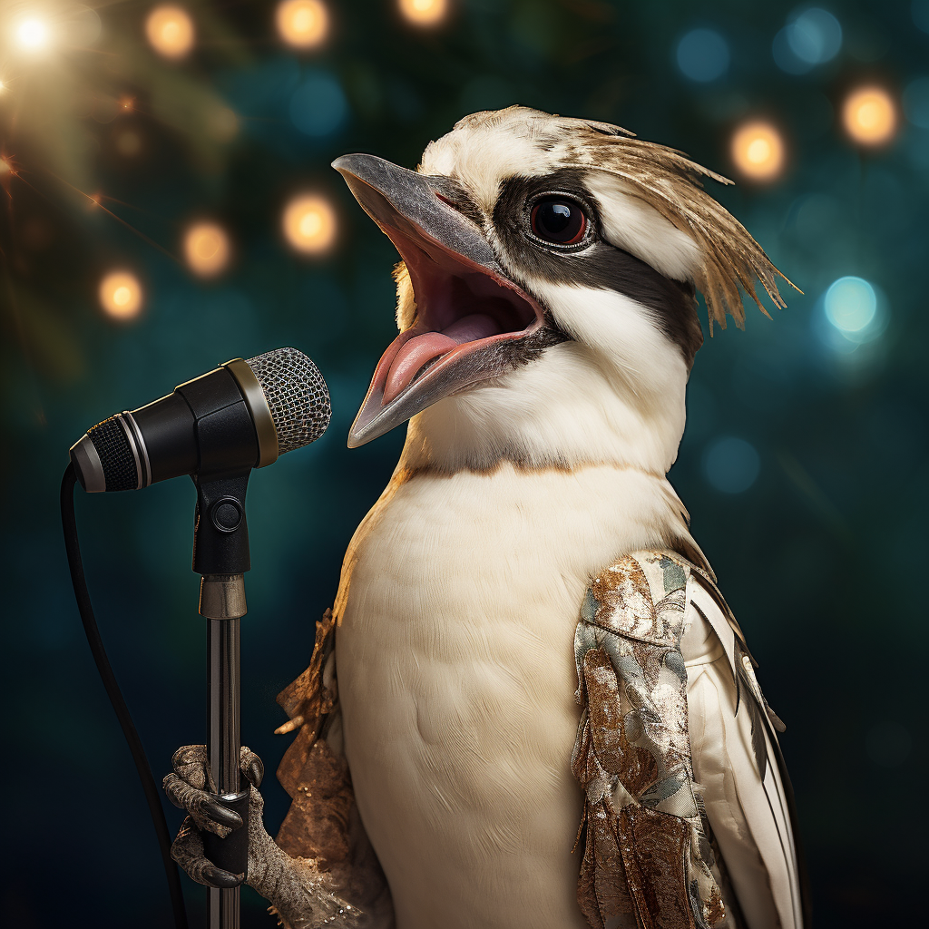 Australian Kookaburra singing on stage wearing glasses and gown