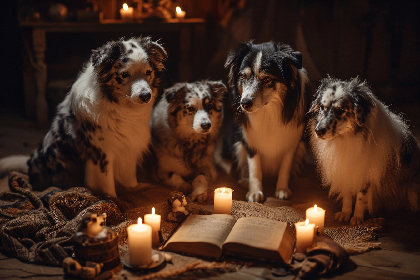 Five Australian sheep dogs summoning elder god