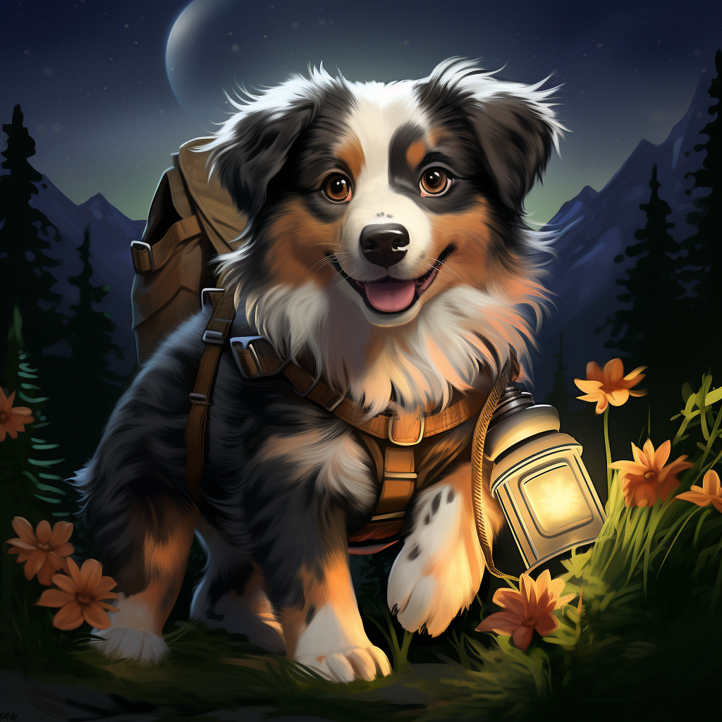 Australian Shepherd with Lantern Hiking