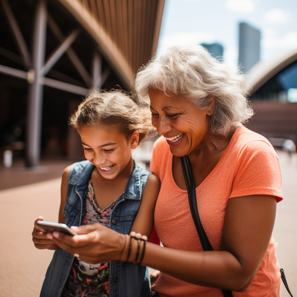 Smiling Aboriginal Elderly Woman Using Smartphone