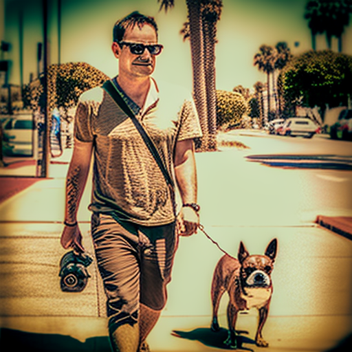 Australian Man walking Brindle Chihuahua in Santa Monica