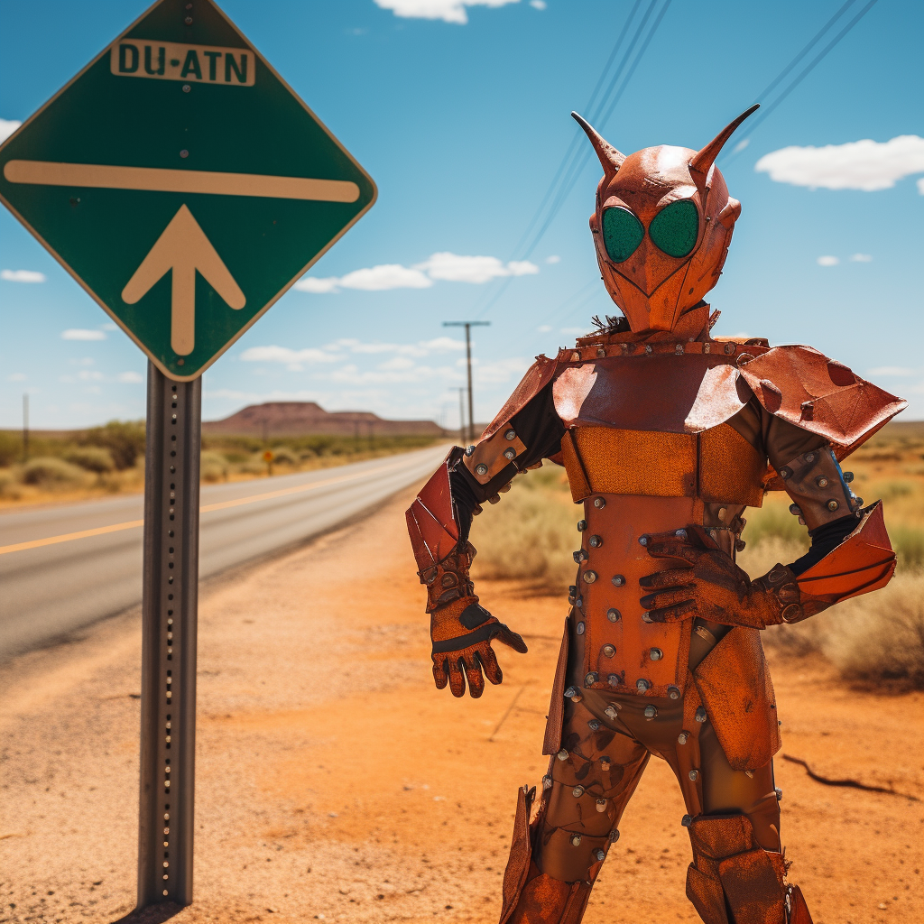 Australian outback superhero with roadsign armor and bommerang