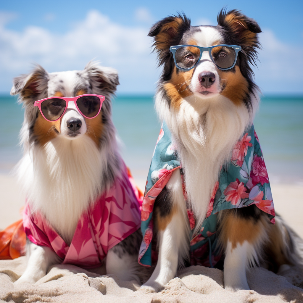 Two Aussie Shepherds enjoying the beach