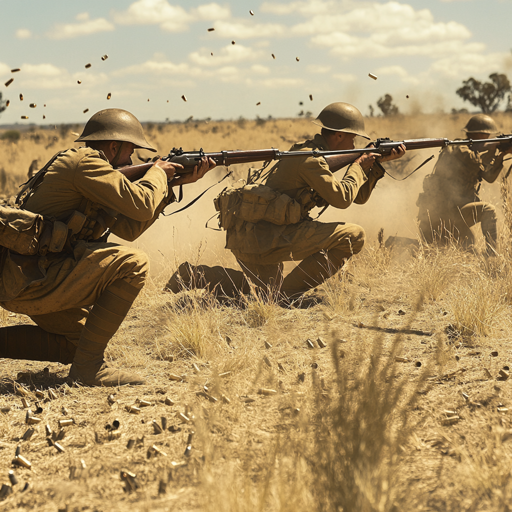 Australian Soldiers Firing Guns in 1930s Military Uniforms