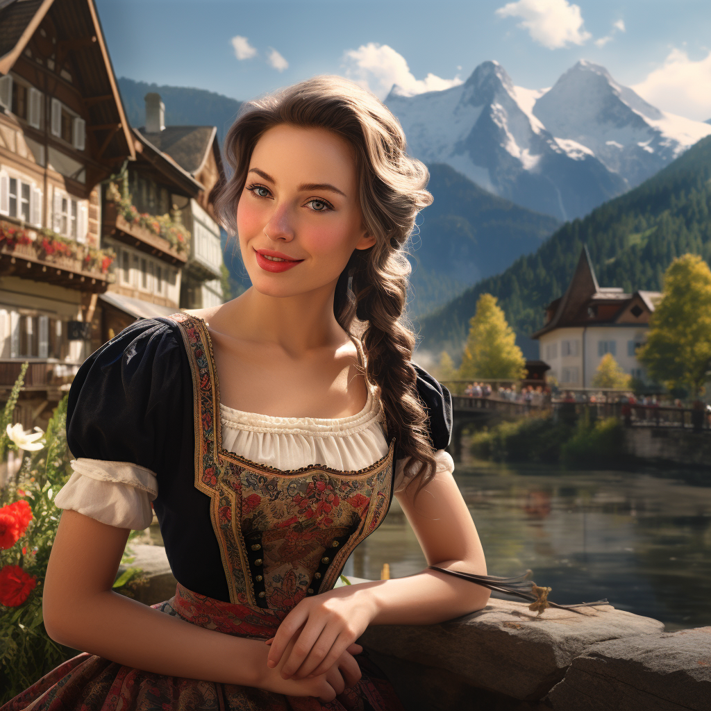 Beautiful girl by photorealistic Austria landscape