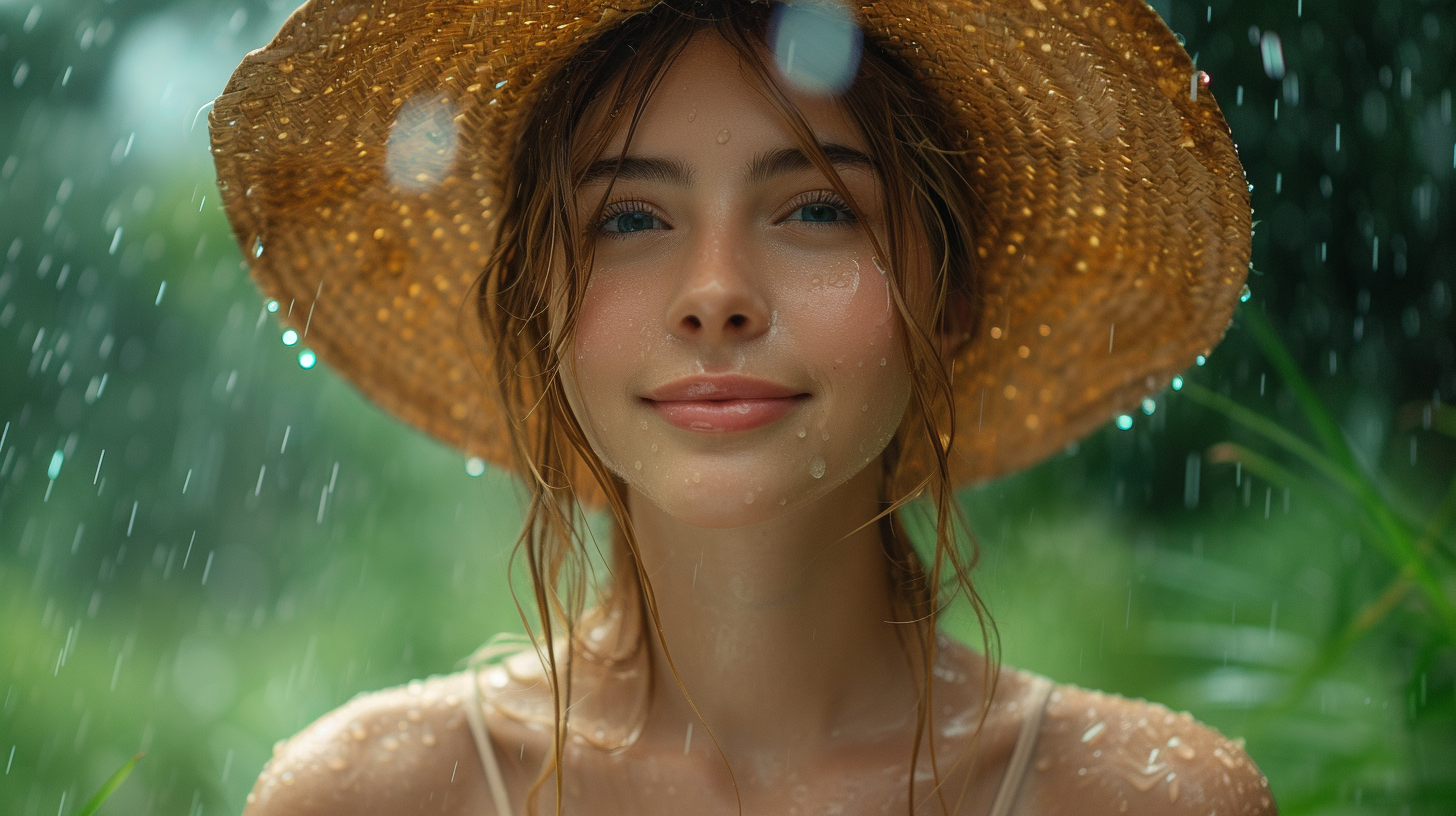 Austrian woman playing rain rice forest