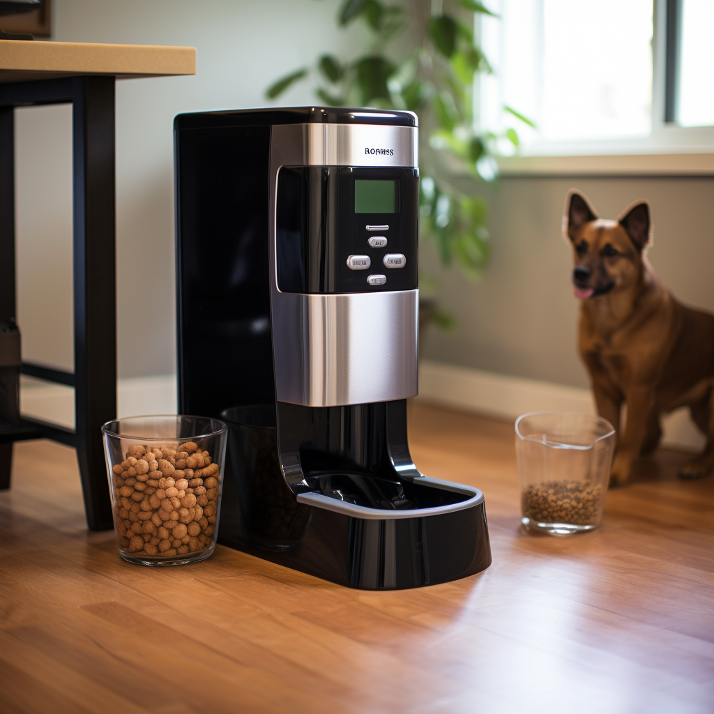 Automatic small dog food feeder with round food storage bucket