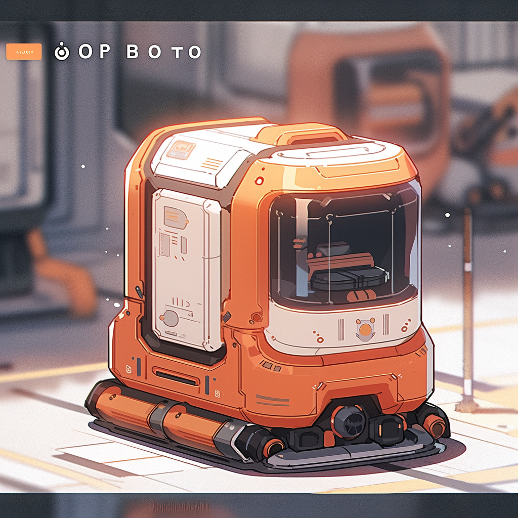 Box-shaped transport bot in a futuristic setting