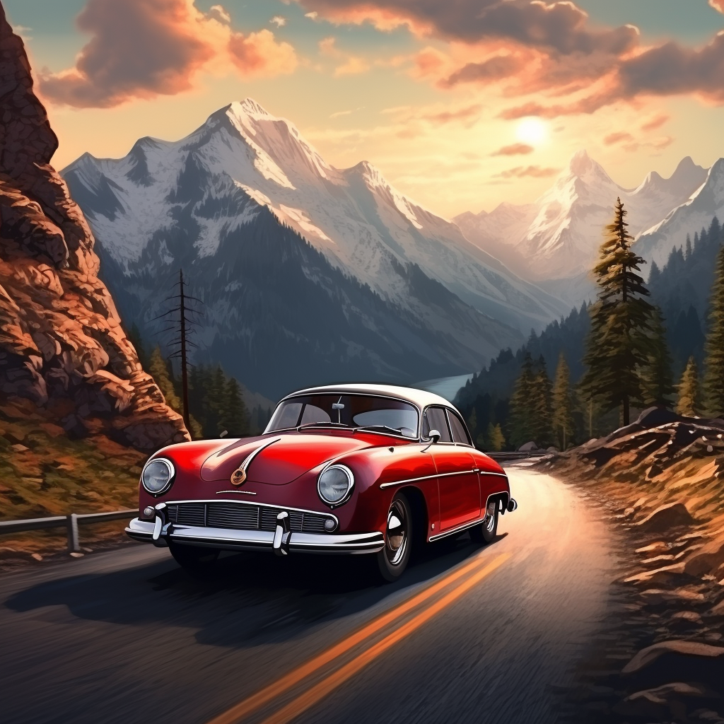 Vibrant automotive artwork with mountains