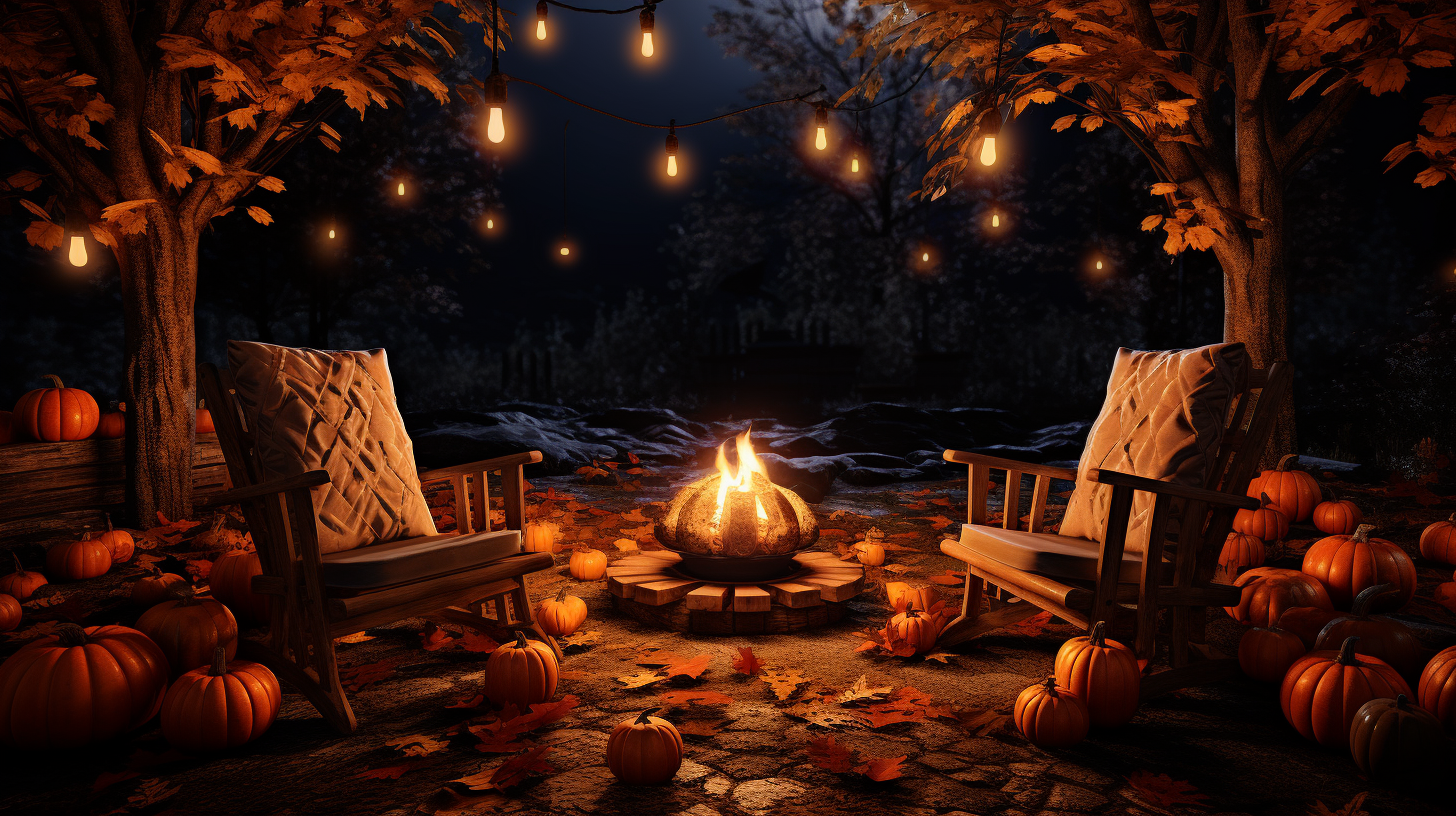 Cozy armchairs by autumn campfire with Halloween pumpkins