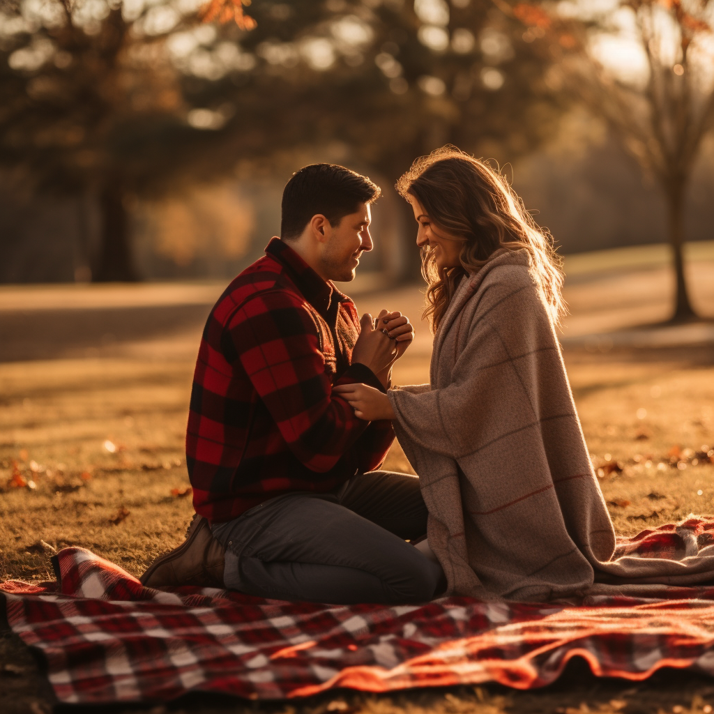 Happy couple embracing during autumn engagement proposal