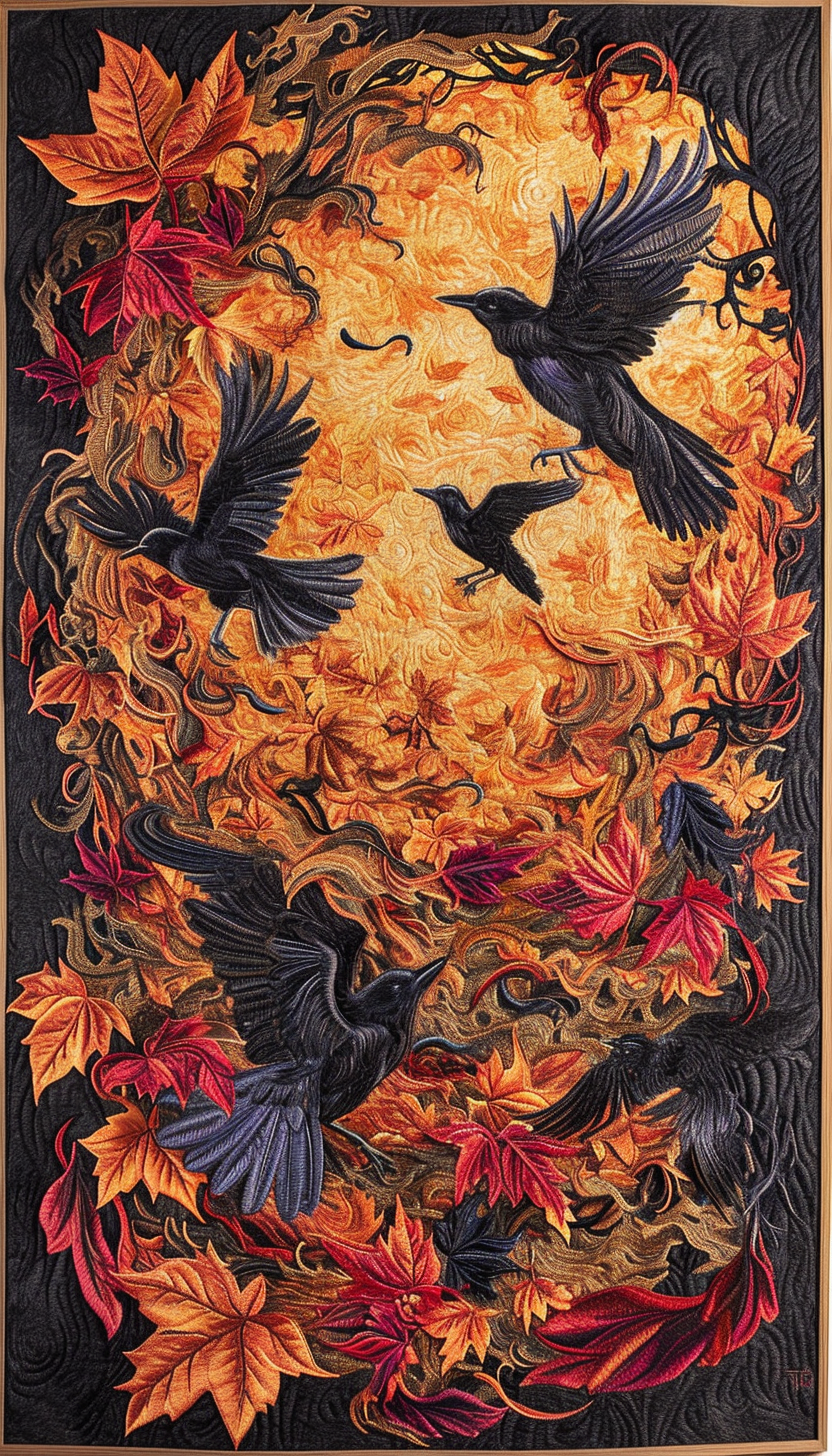 Autumn Aura with Falling Leaves and Crows