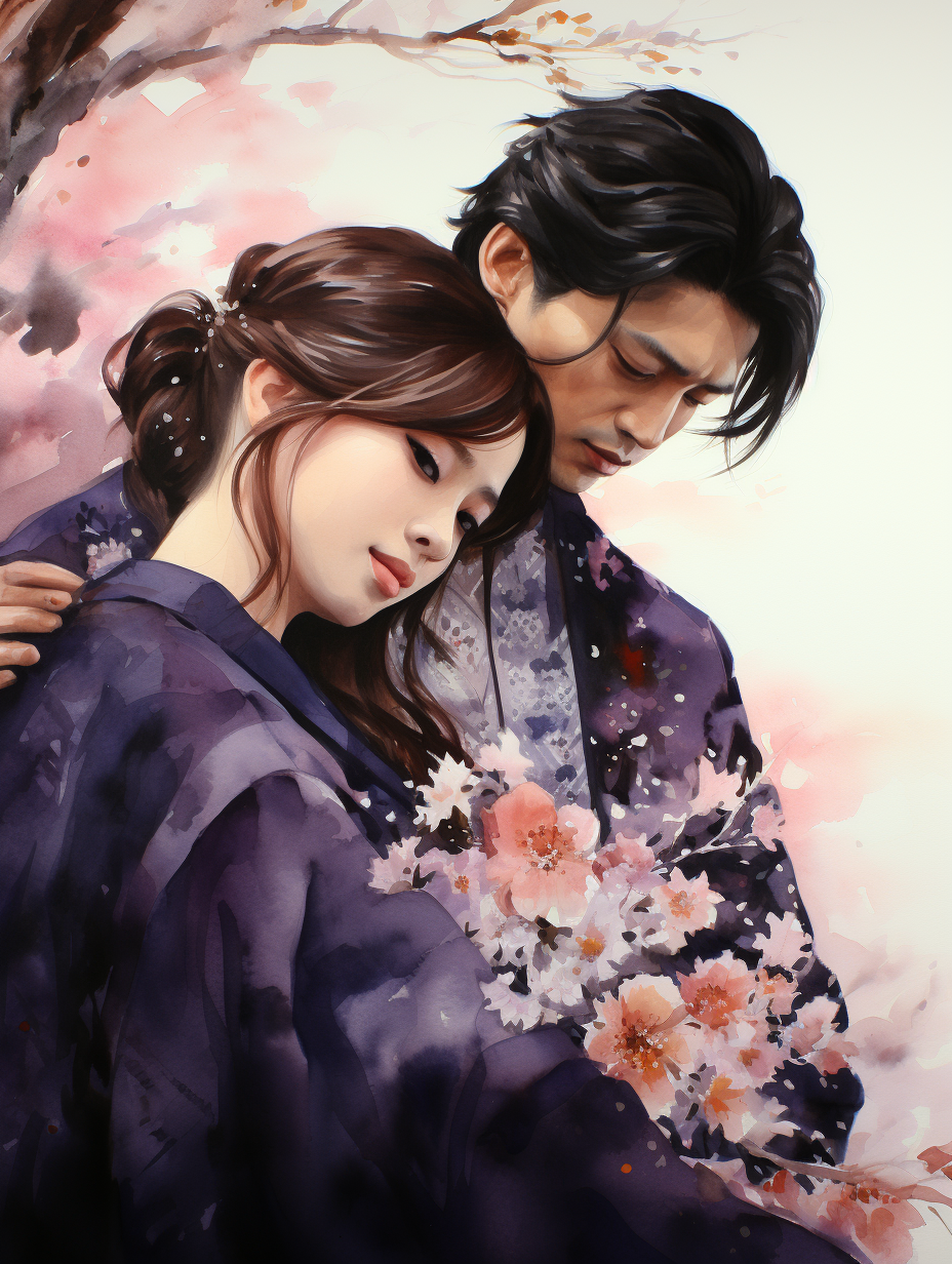 Couple in Hanfu under Cherry Blossom Tree