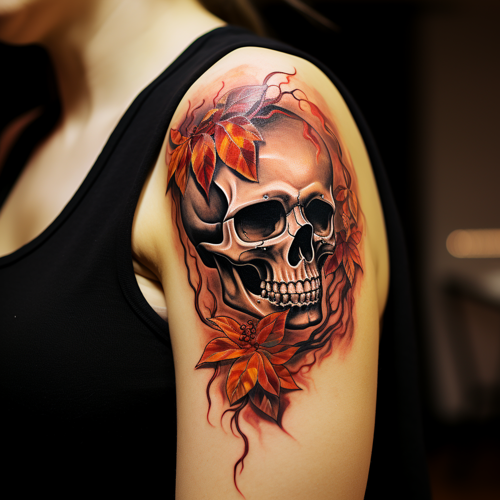 Realistic Autumn Fire Leaves Tattoo on Shoulder