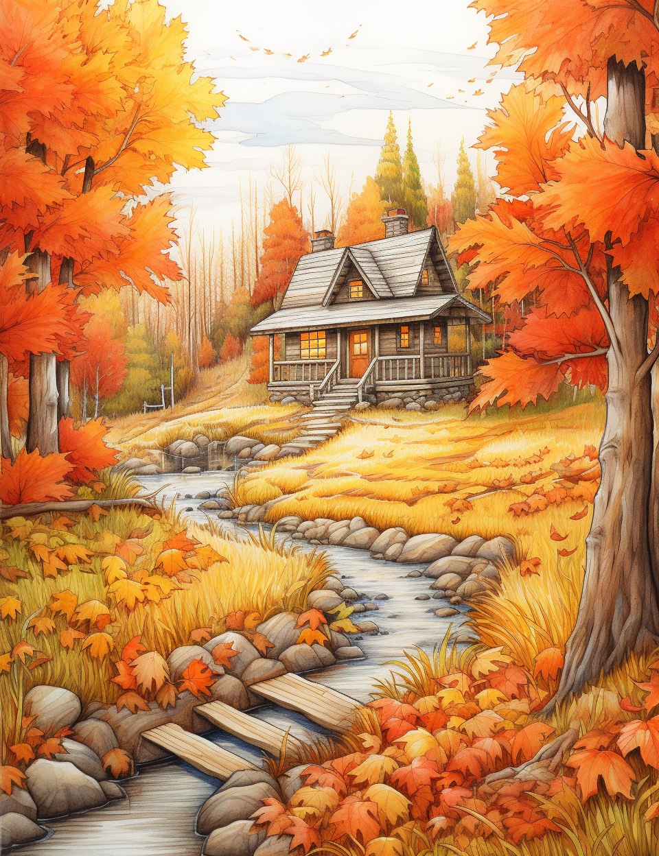 Colorful autumn forest cabin scene