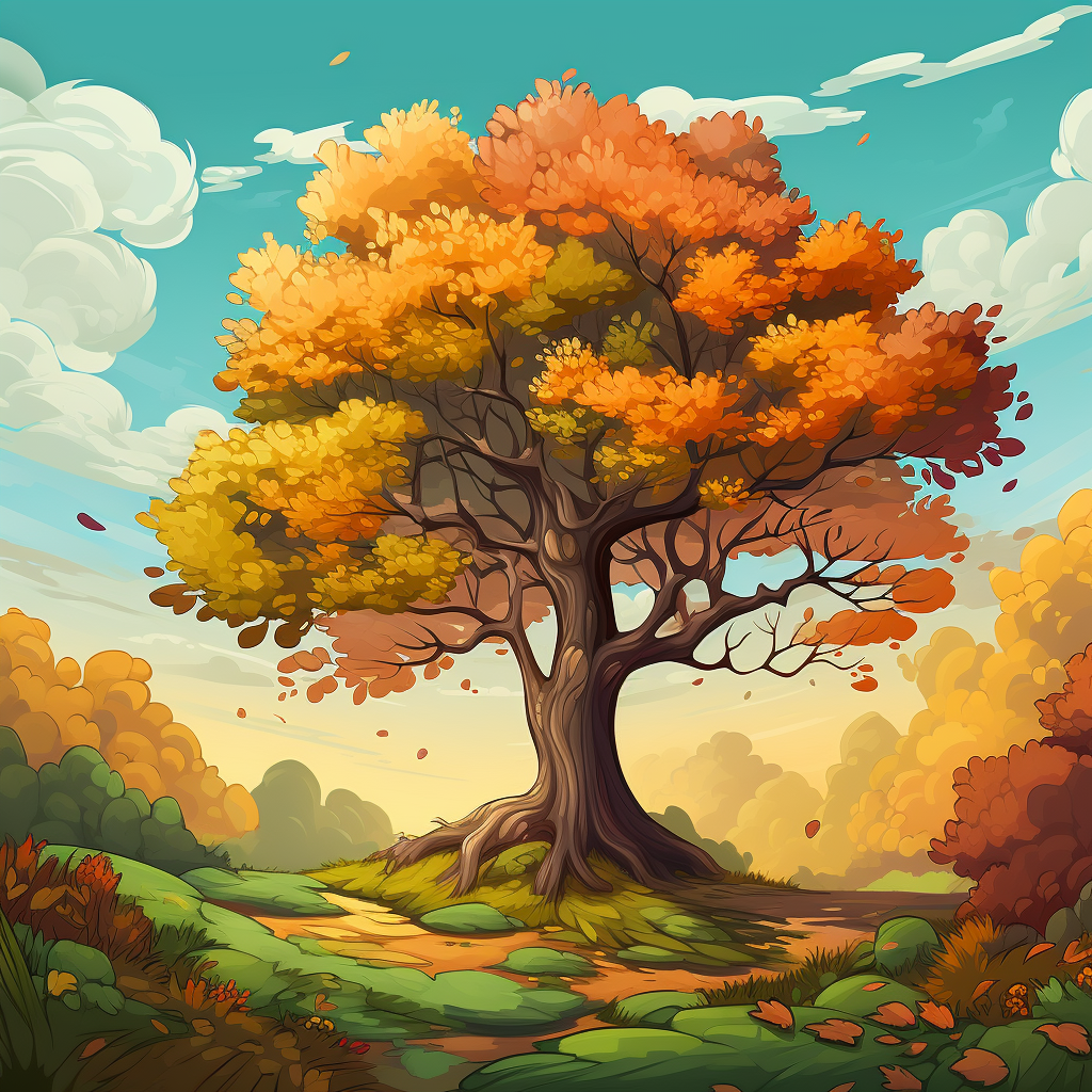 Vibrant cartoon-style autumn forest scene