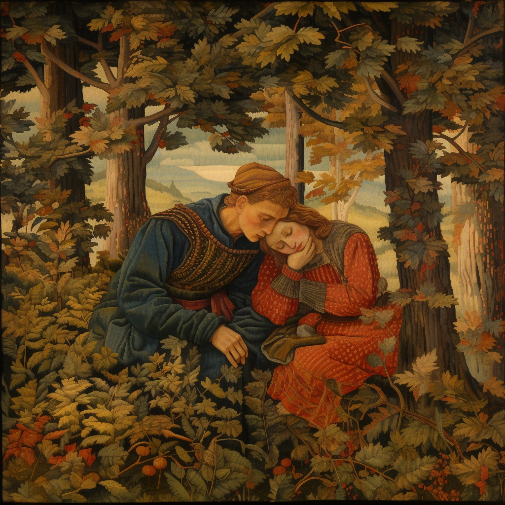 Two men embracing in autumn forest