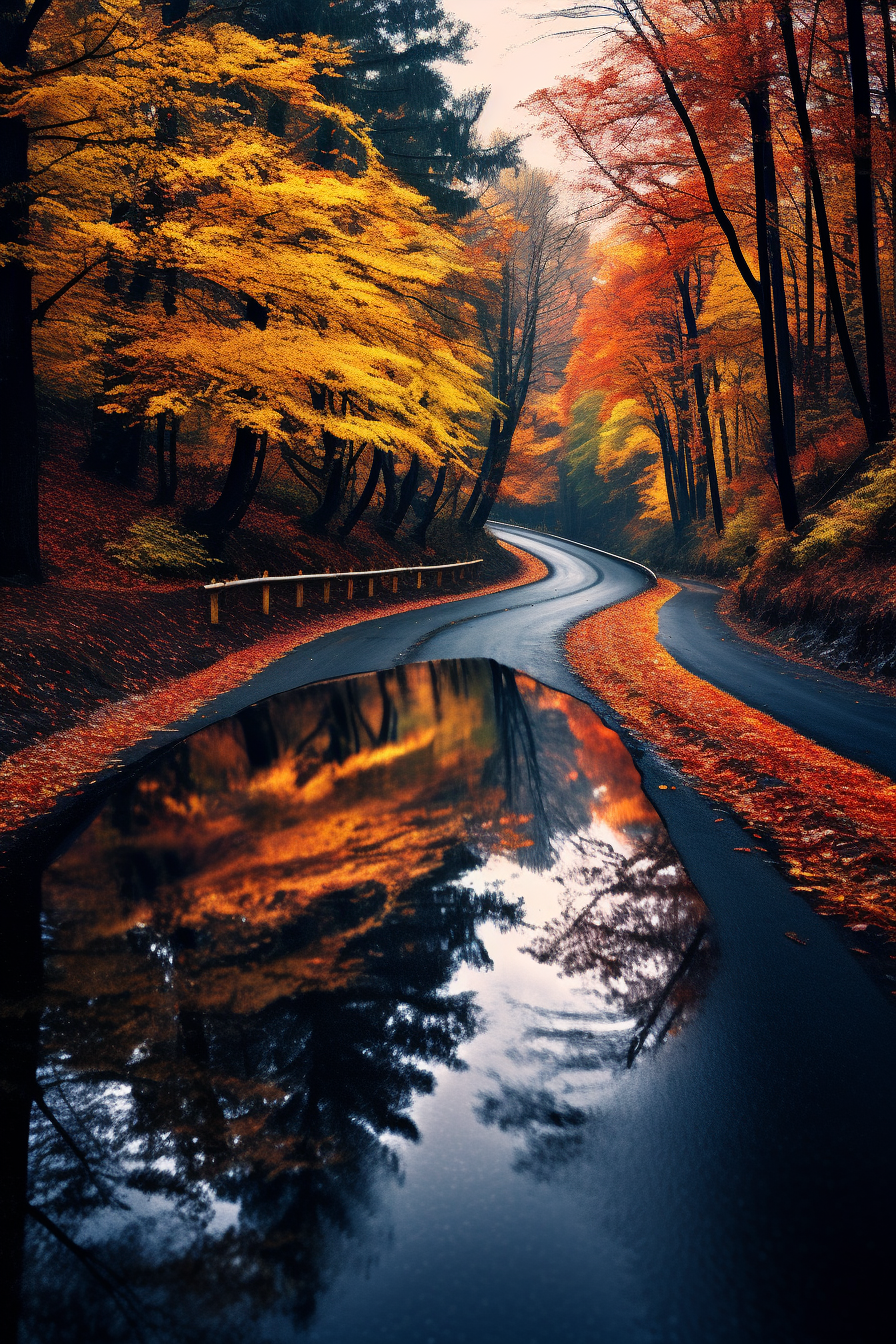 Autumn forest with colorful leaves and wet road