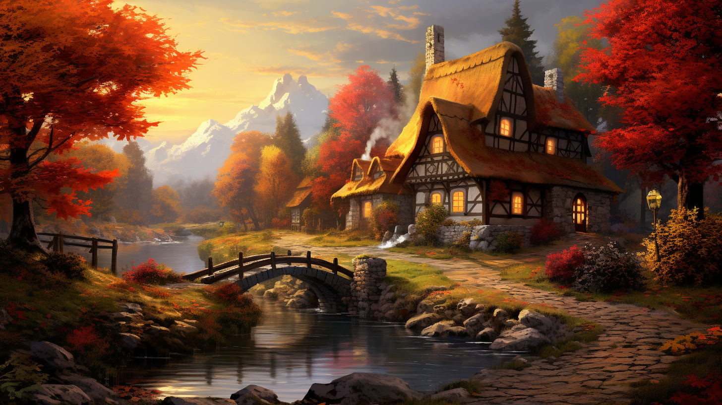 Scandinavian village in magical autumn landscape