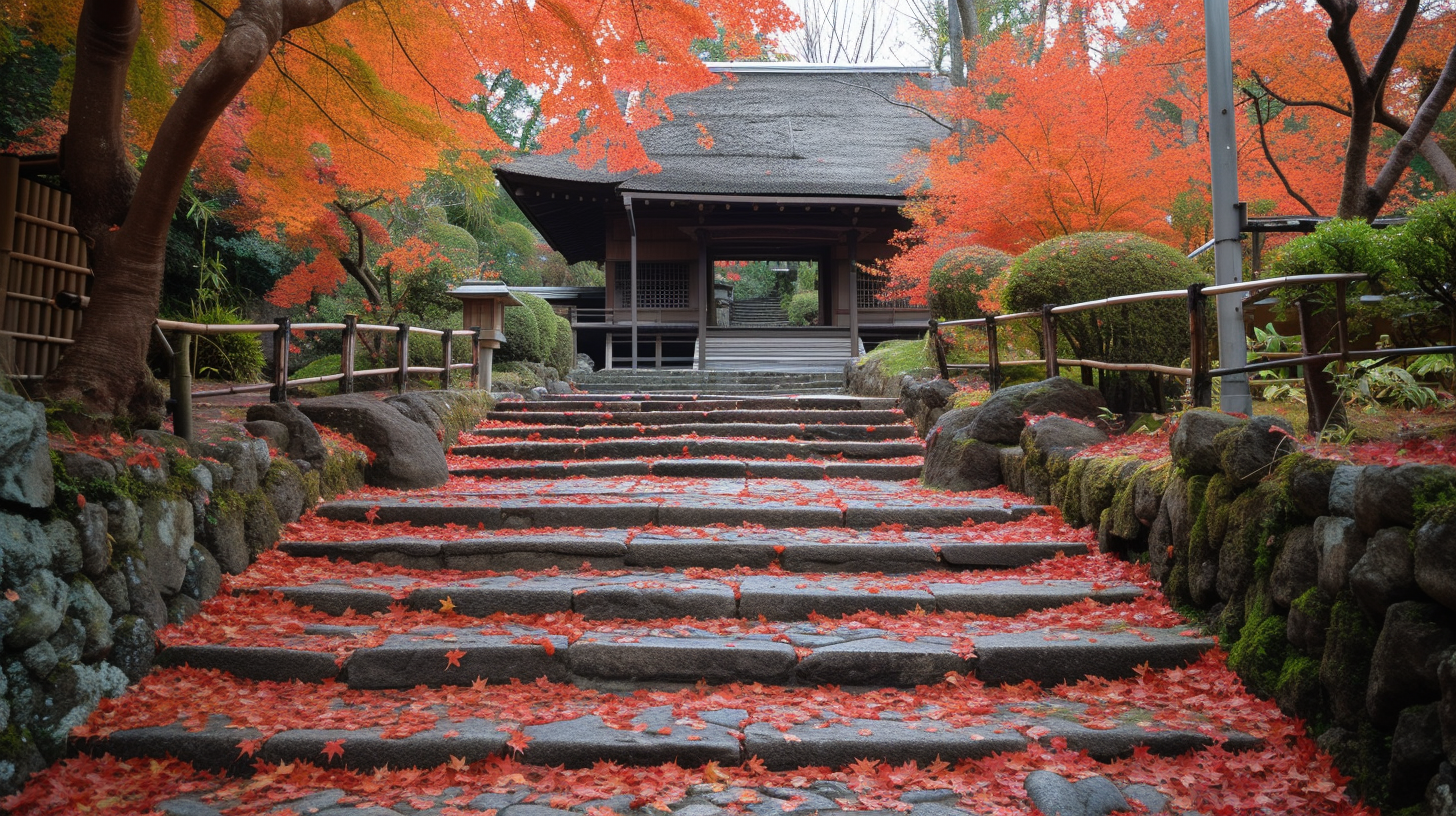 Red autumn leaves on Sanmon gate