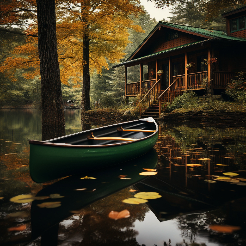 Colored leaves and green canoe on water