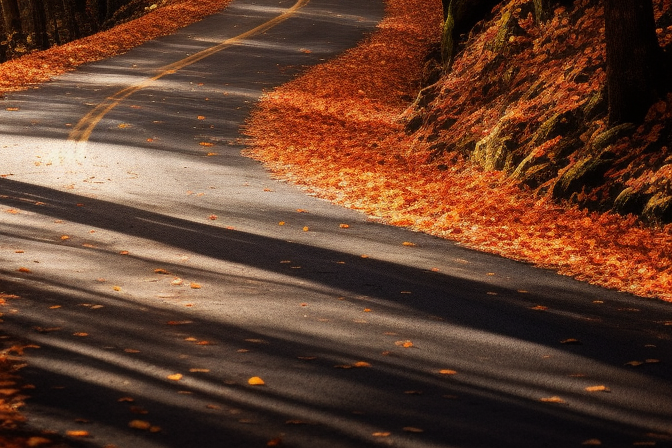 Colorful autumn leaves on winding road