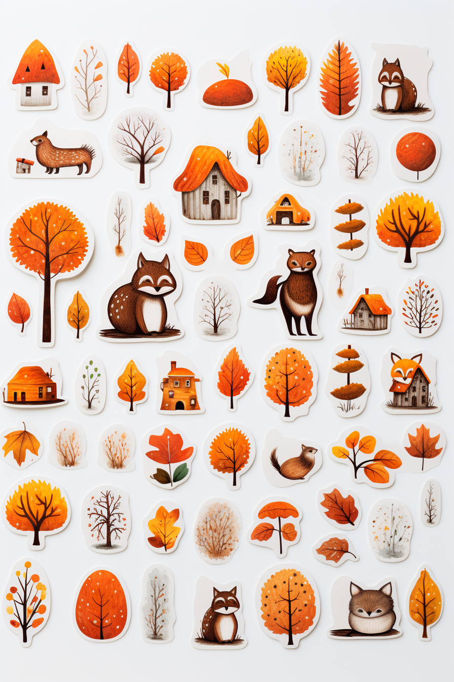 Autumn themed stickers on white