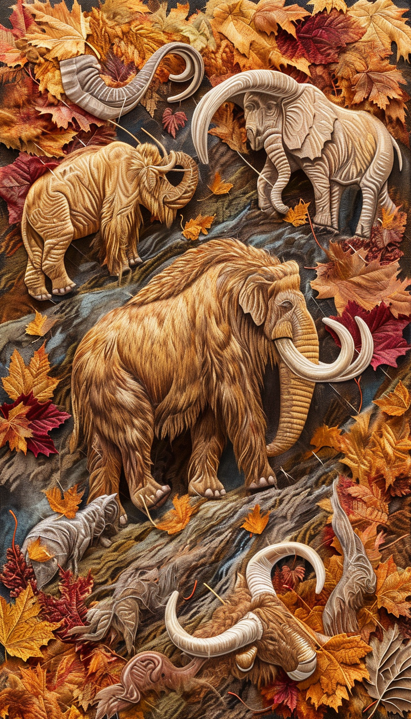 Autumn tundra mammoth herd falling leaves colored pencils