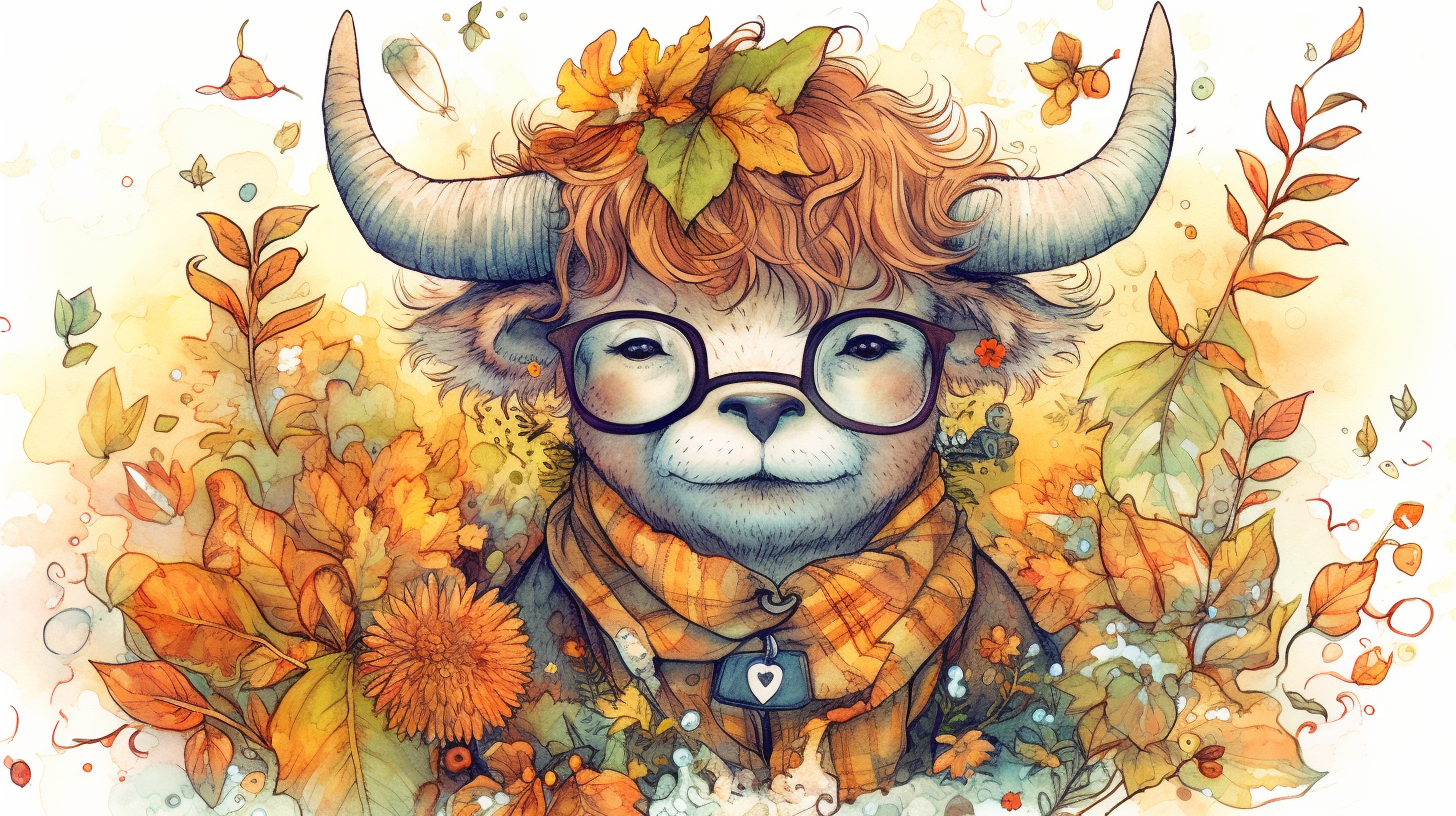 Colorful autumn watercolor with cute Highlandcow wearing glasses