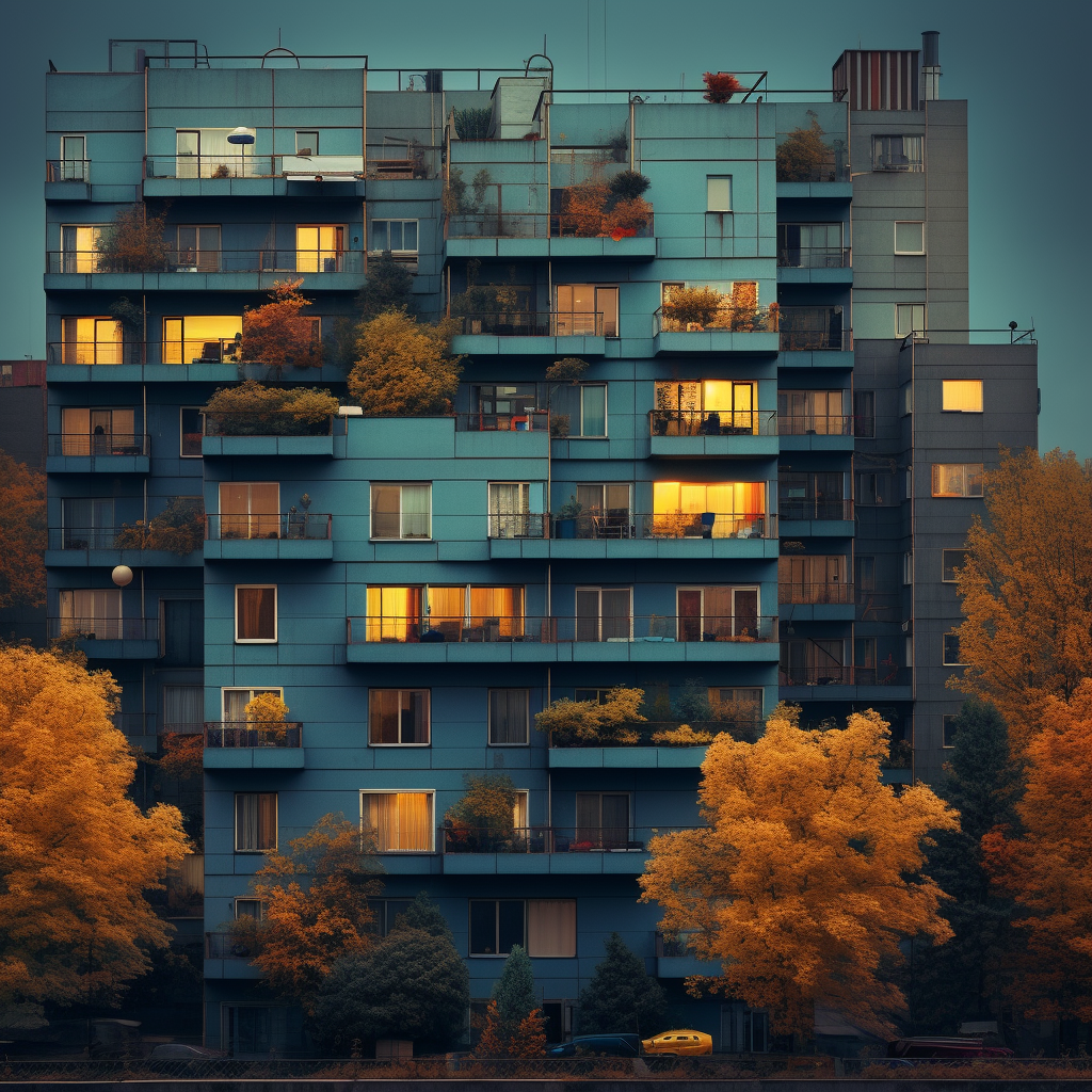 Colorful urban neighborhood with tall trees on balconies