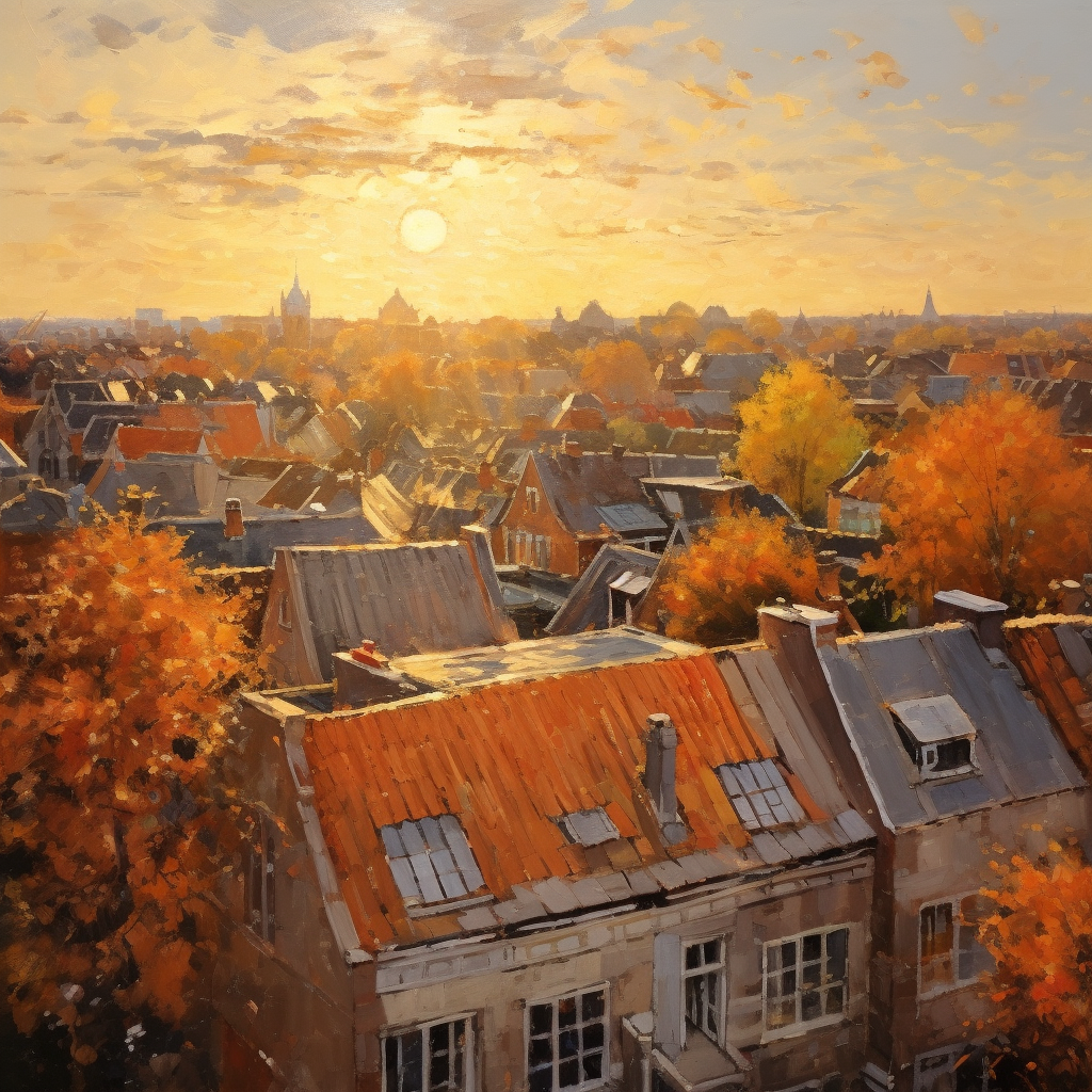 Impressionistic painting of Dusseldorf roofs in autumn