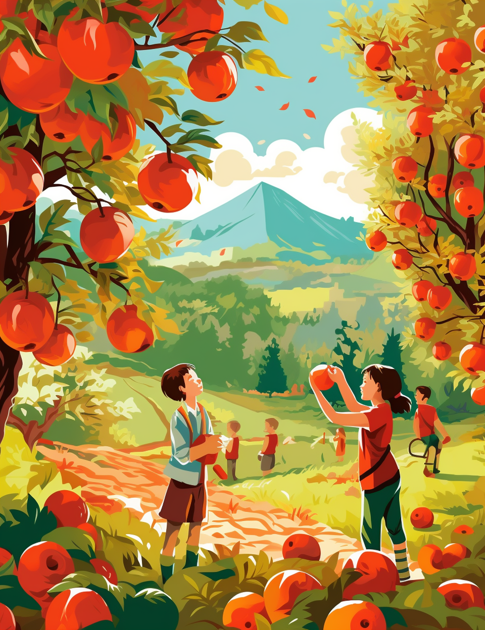 Illustration of bright apple trees during autumn