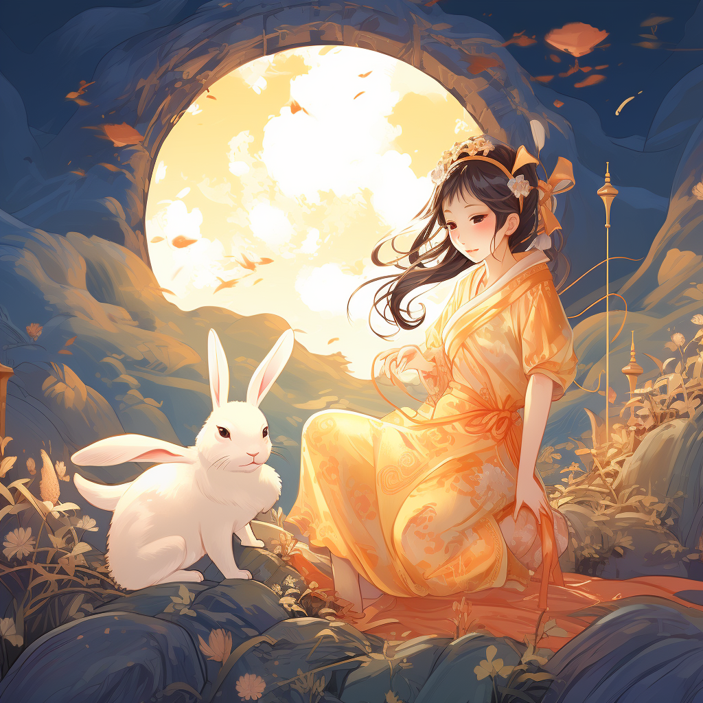 Mid-Autumn Festival Girl and Rabbit Playing