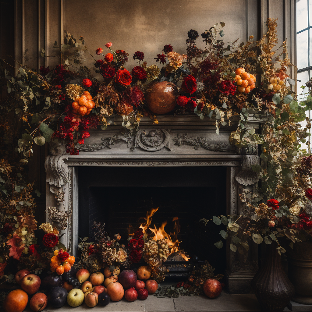 Autumn-themed fireplace decorations