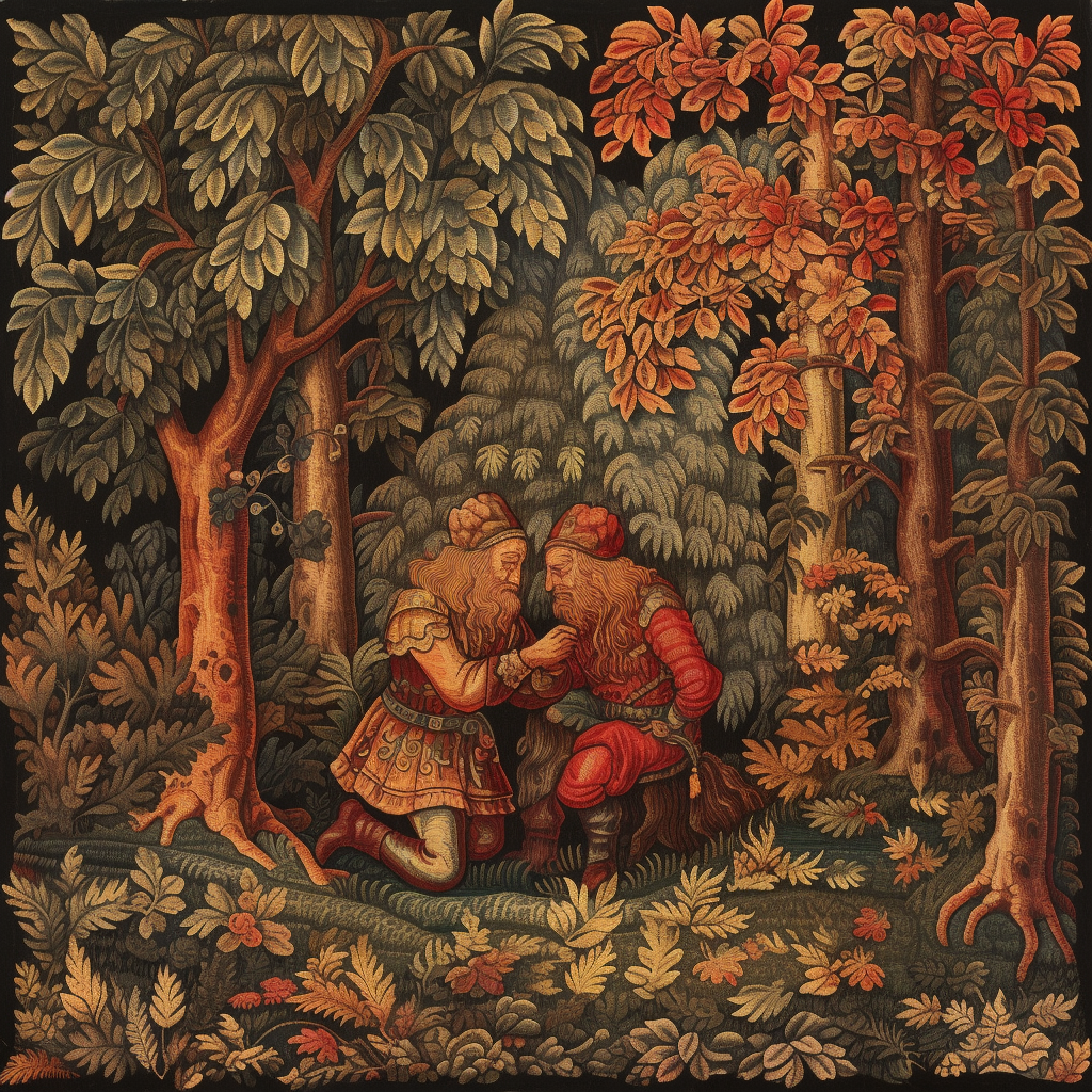 Two satyrs embracing in autumn forest