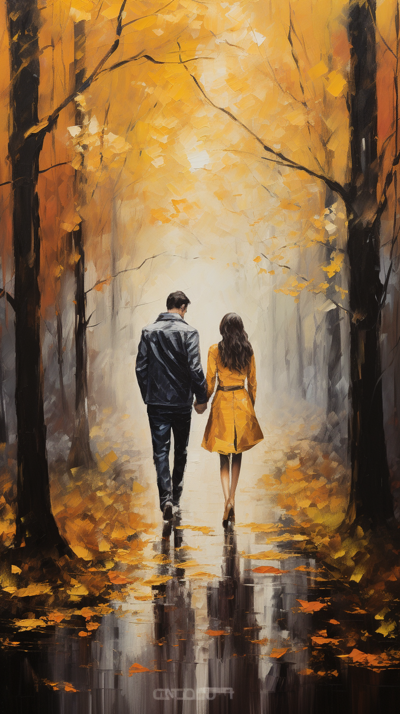 Two people holding hands in autumn forest