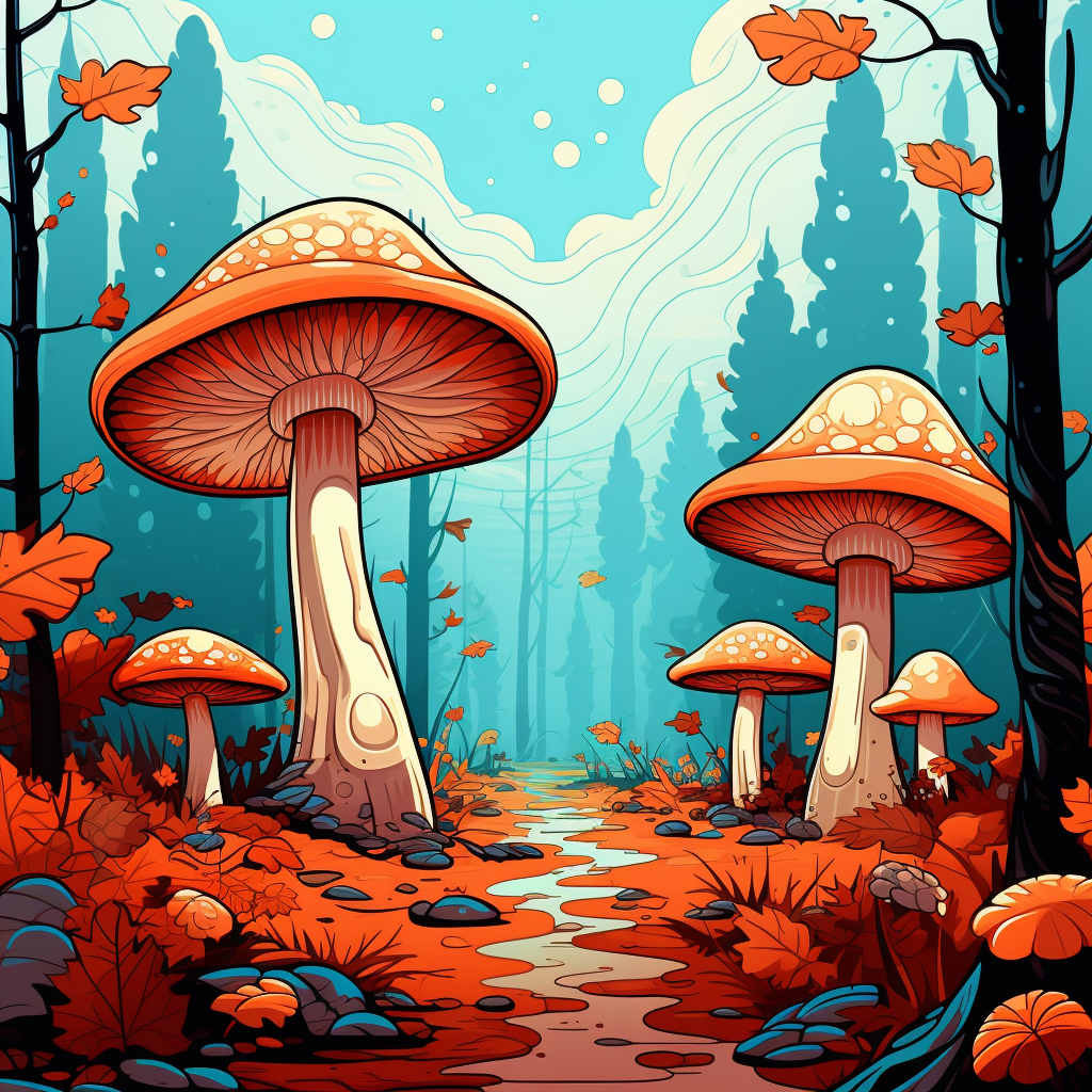 Colorful autumn forest with leafy floor and toadstools