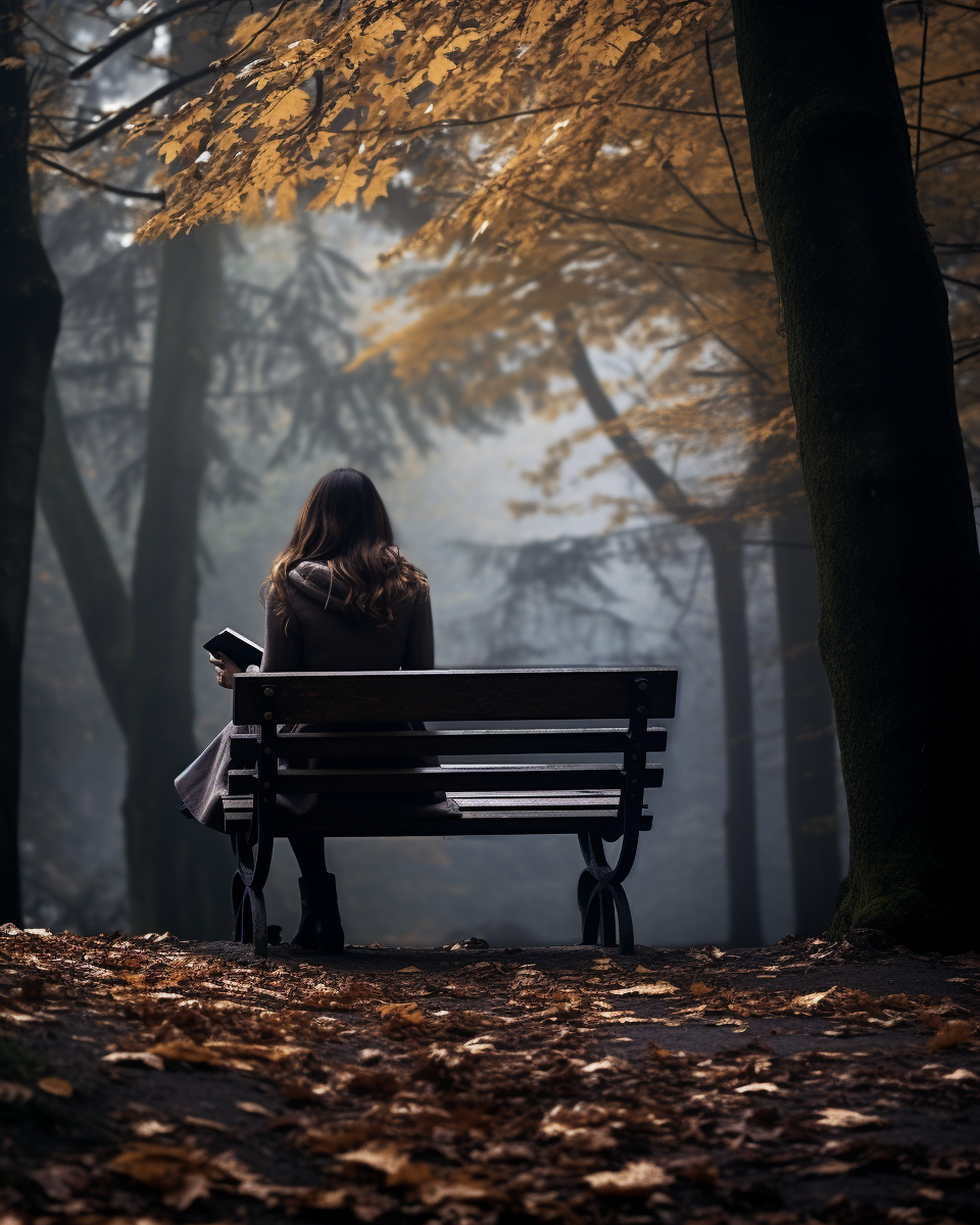 Girl reading on bench in autumn foggy forest