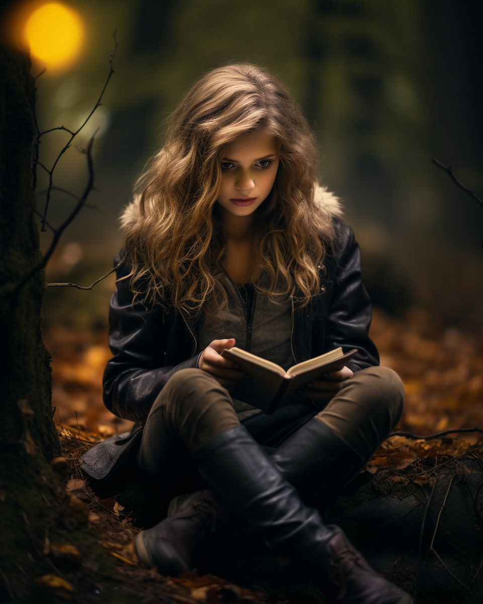 Girl reading in autumn forest