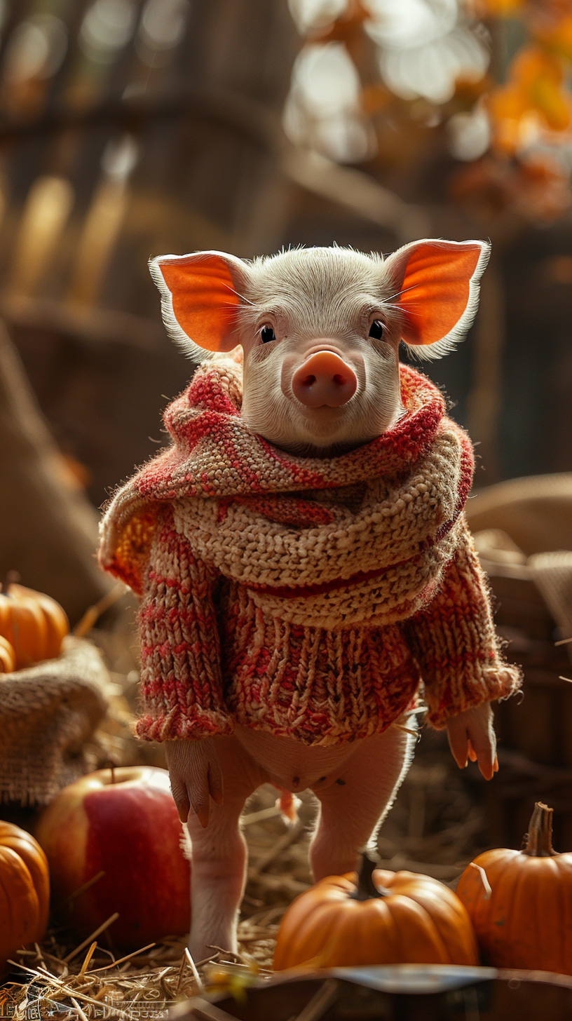 Baby piglet in autumn harvest setting