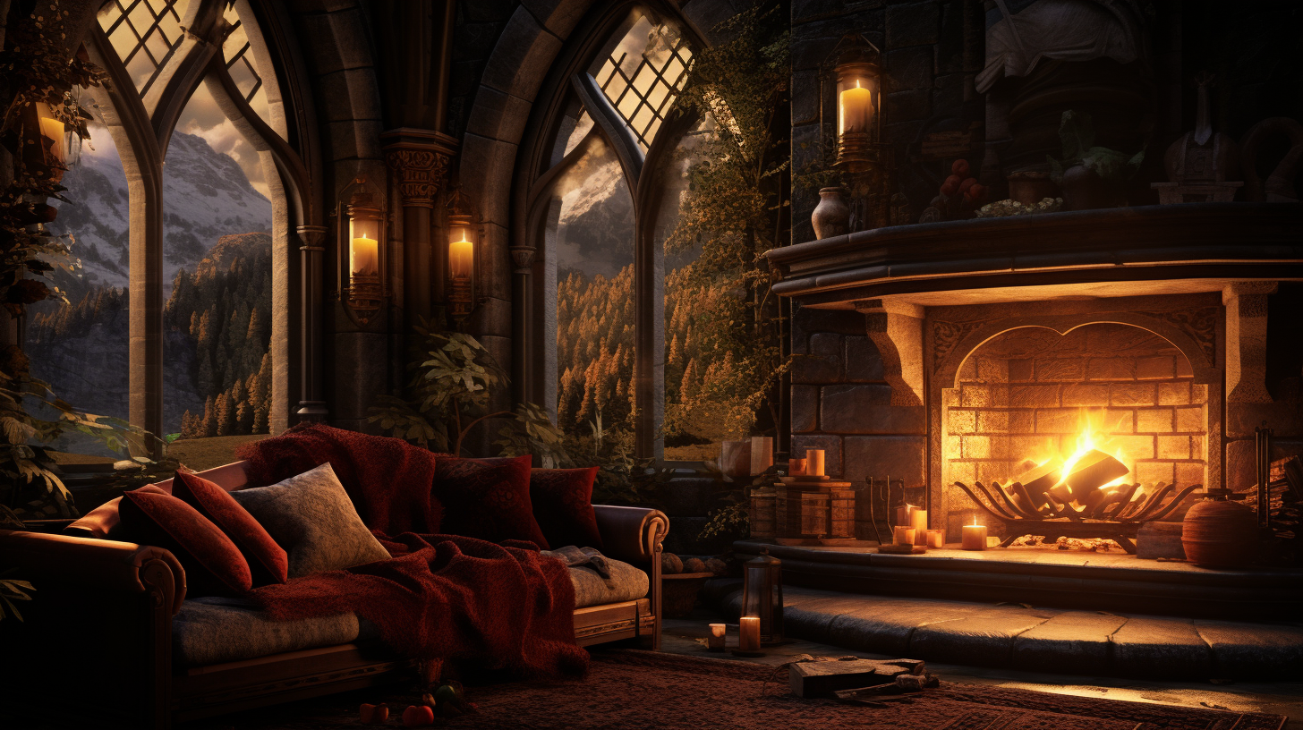 Cozy autumn Hogwarts reading nook with fireplace