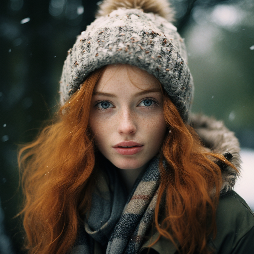 Close-up of Irish model in autumn snow