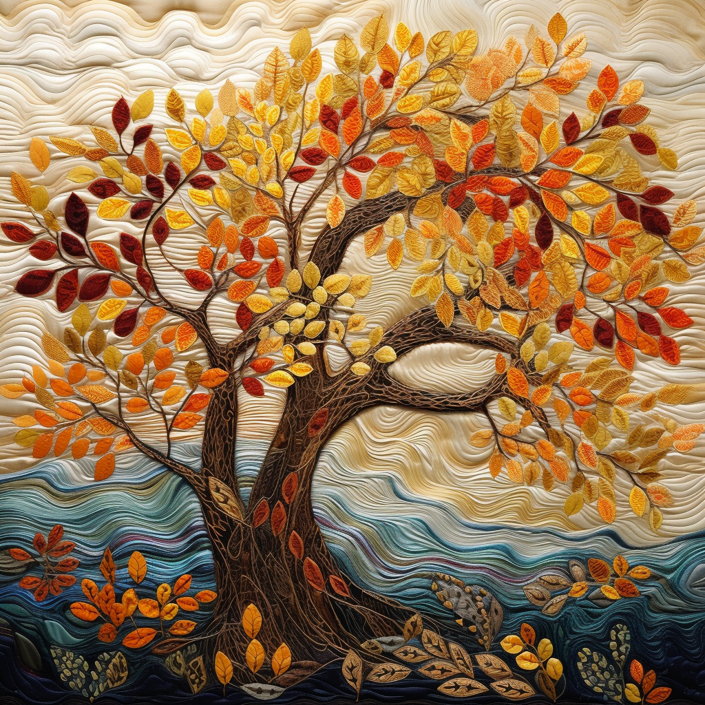 Abstract autumn leaves embroidery artwork