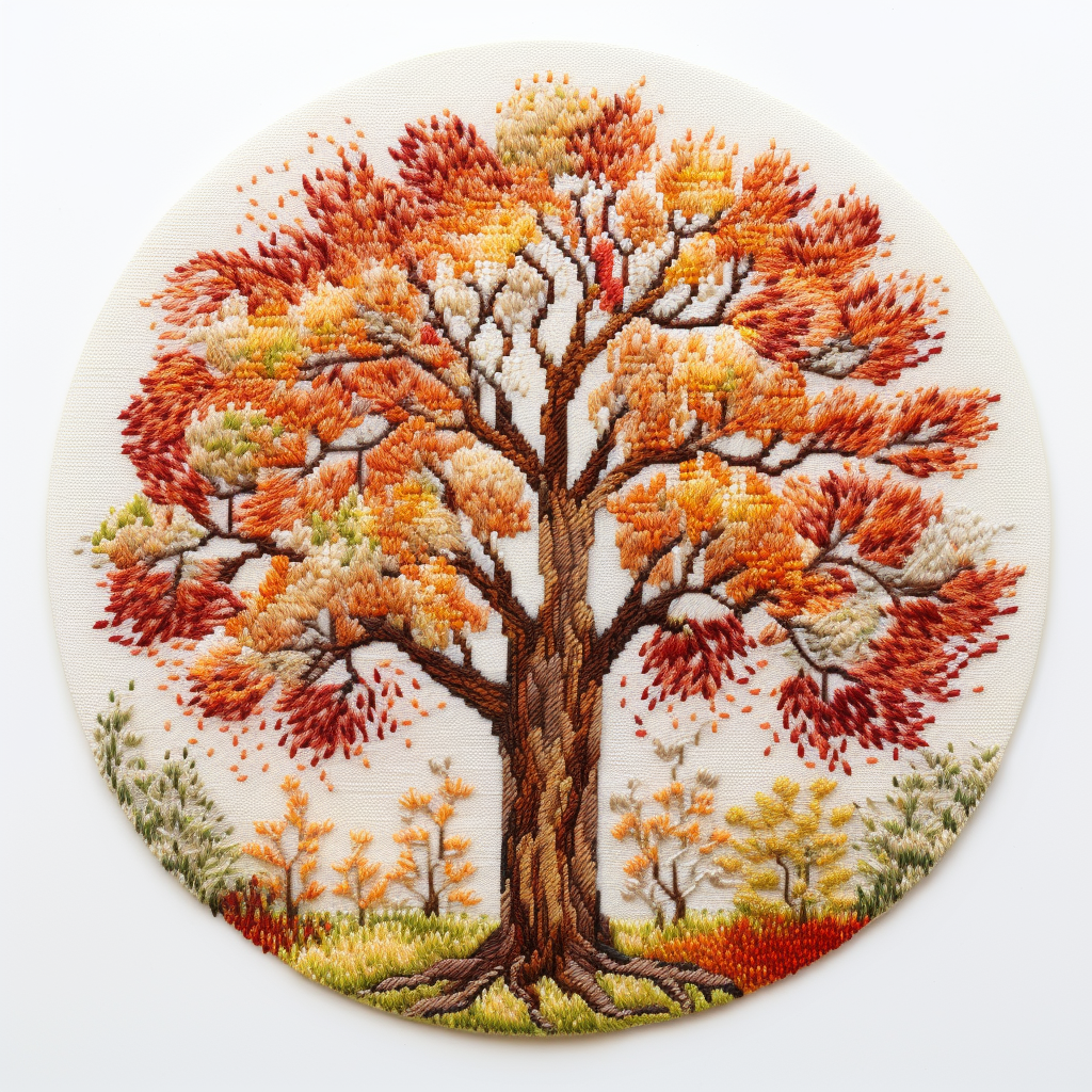 Colorful autumn leaves dot embroidery on white background