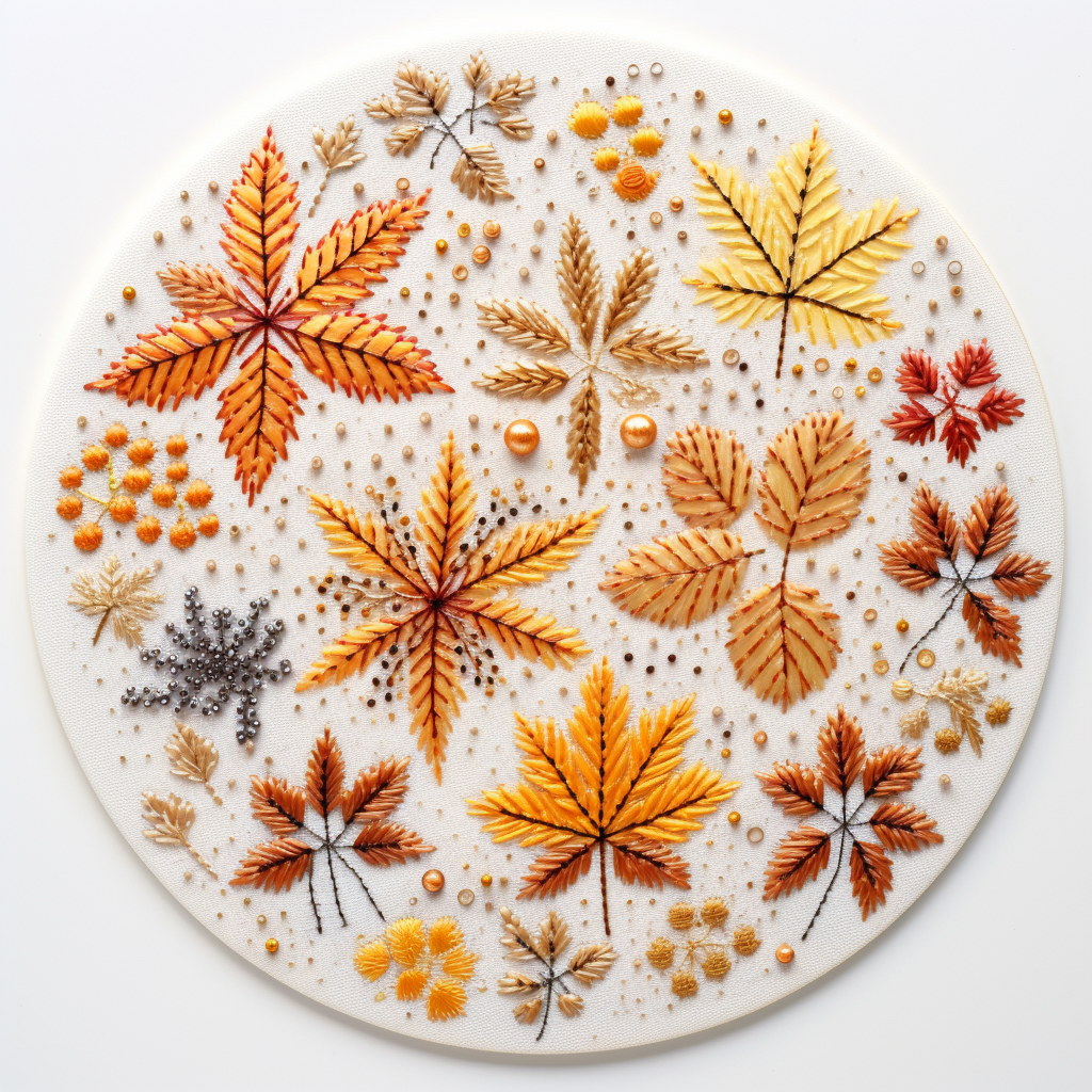 Autumn leaves dot embroidery on white background